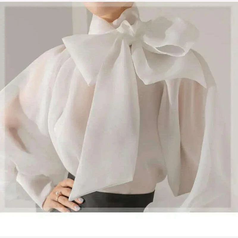 KIMLUD, TEROKINIZO Bow Knot Lace Up Chiffon Blouse Women High Street See Through Solid Color Shirts Female Temperament Blusas Mujer, KIMLUD Womens Clothes
