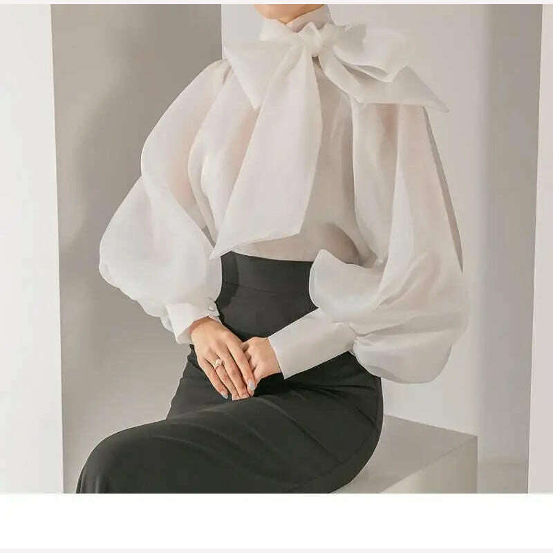 KIMLUD, TEROKINIZO Bow Knot Lace Up Chiffon Blouse Women High Street See Through Solid Color Shirts Female Temperament Blusas Mujer, KIMLUD Womens Clothes