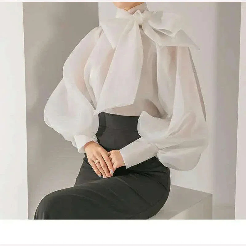 KIMLUD, TEROKINIZO Bow Knot Lace Up Chiffon Blouse Women High Street See Through Solid Color Shirts Female Temperament Blusas Mujer, KIMLUD Womens Clothes