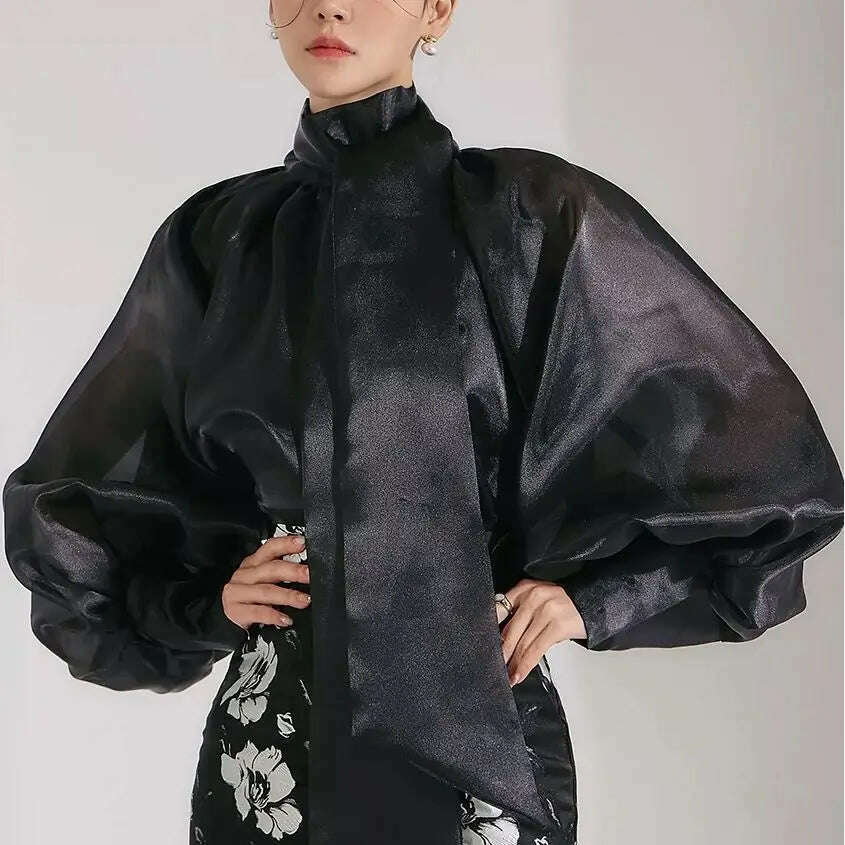 KIMLUD, TEROKINIZO Bow Knot Lace Up Chiffon Blouse Women High Street See Through Solid Color Shirts Female Temperament Blusas Mujer, KIMLUD Womens Clothes