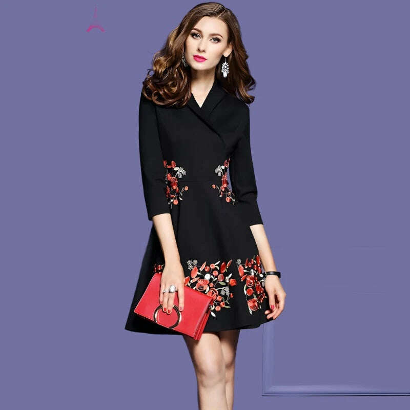 TESSCARA Women Autumn & Winter Elegant Embroider Office Dress Female Designer A-Line Retro Robe Vintage Black Work Wear Vestidos - KIMLUD