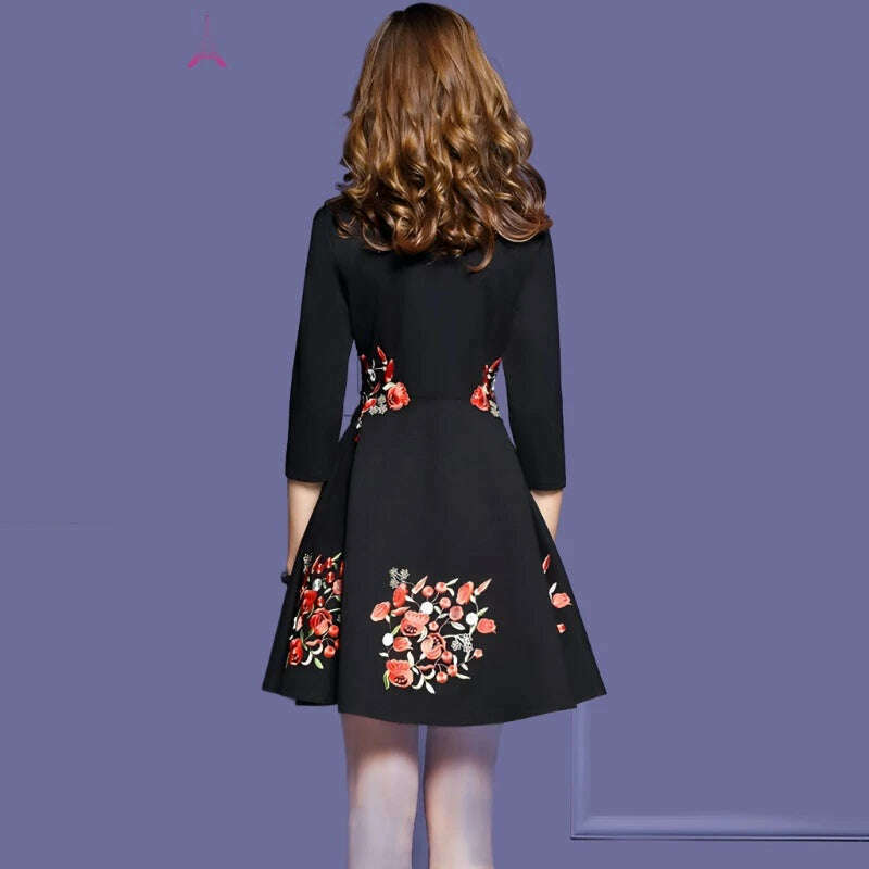 TESSCARA Women Autumn & Winter Elegant Embroider Office Dress Female Designer A-Line Retro Robe Vintage Black Work Wear Vestidos - KIMLUD
