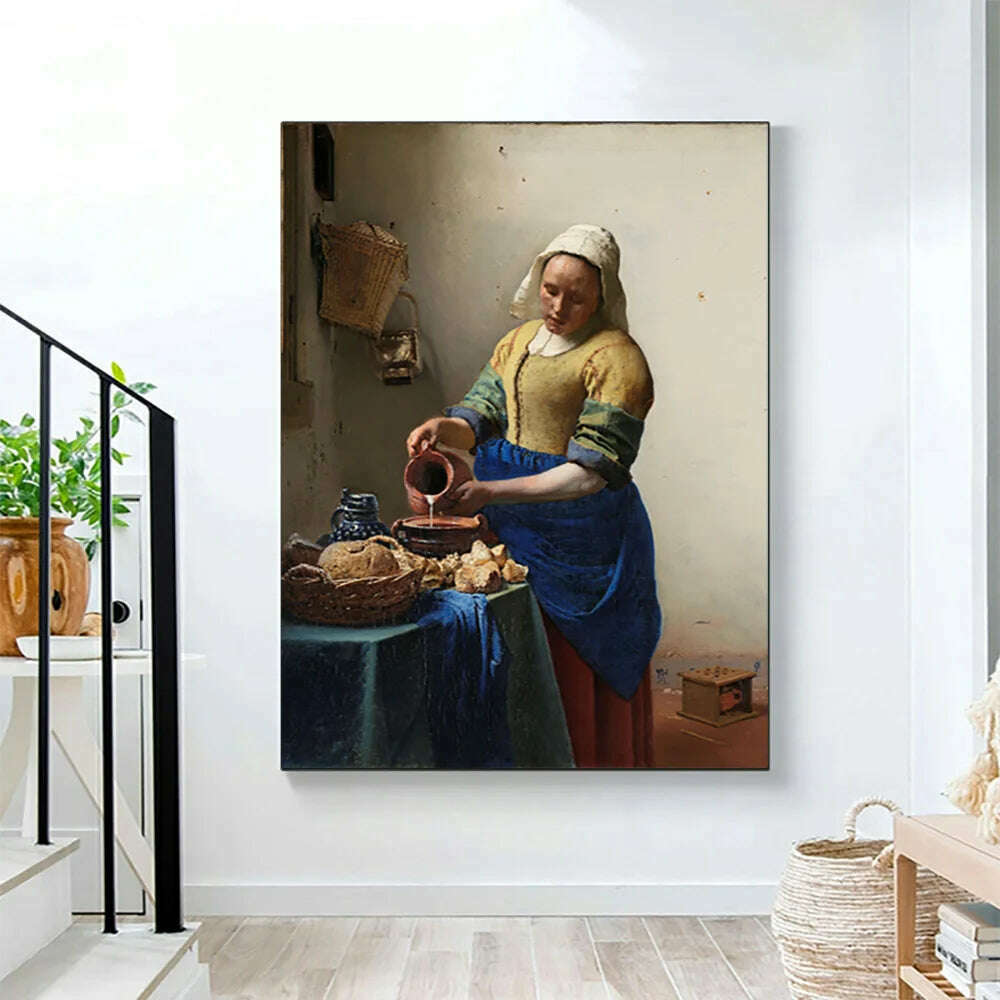 The Milkmaid By Johannes Vermeer Woman Famous Canvas Oil Painting Posters and Prints Wall Art Picture Living Room Decor Cuadros - KIMLUD