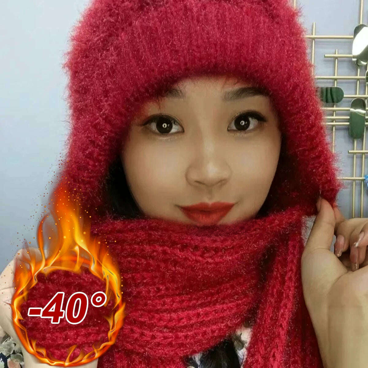 KIMLUD, The new padded and thickened scarf all-in-one wind and snow cap fall and winter squirrel velvet wool cap warm net red cap, Red, KIMLUD APPAREL - Womens Clothes