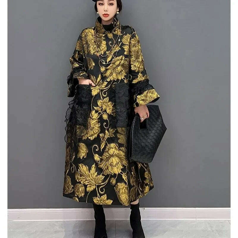 KIMLUD, The spring of 2023 new woman jacket long sleeves Chinese wind upset jacquard lace golden costly temperament of women's clothing, Gold / One Size, KIMLUD APPAREL - Womens Clothes