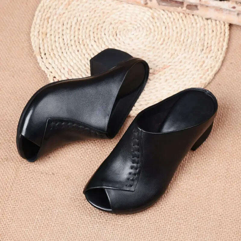 KIMLUD, Thick-heeled Soft Leather Outer Slippers Fish Mouth Comfortable Versatile Mid-heeled Women Sandals Women's Mother's Shoes Women, KIMLUD Womens Clothes