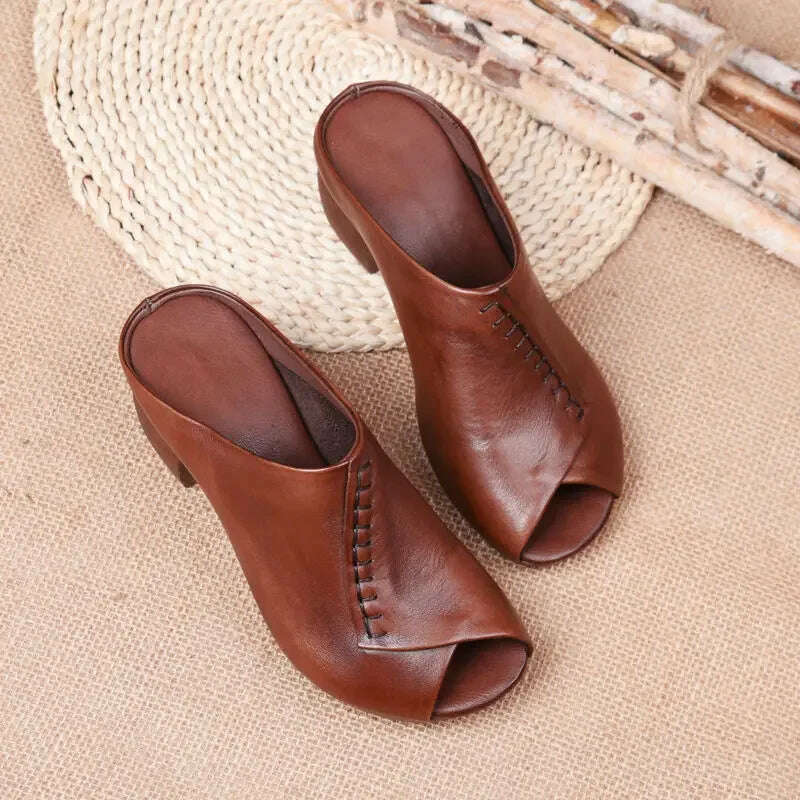 KIMLUD, Thick-heeled Soft Leather Outer Slippers Fish Mouth Comfortable Versatile Mid-heeled Women Sandals Women's Mother's Shoes Women, KIMLUD Womens Clothes
