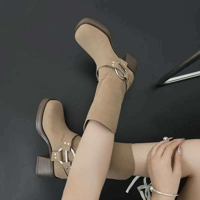 KIMLUD, Thick High Heels Women Mid Calf Boots 2023 Hot Punk Gothic Knee High Motorcycles Boots Buckle Comfy Walking Boots Autumn Winter, KIMLUD Womens Clothes