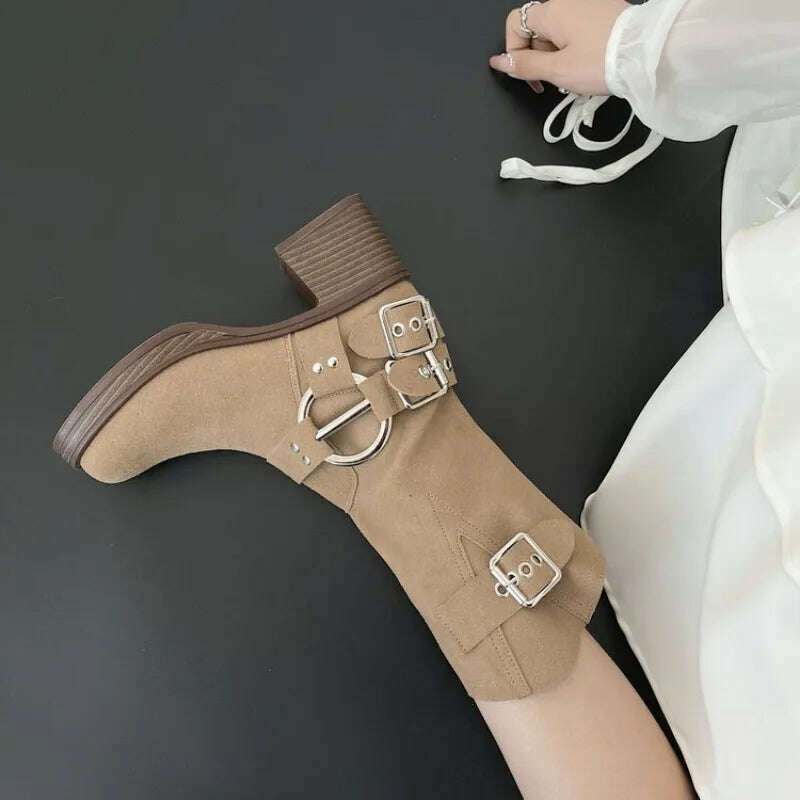 KIMLUD, Thick High Heels Women Mid Calf Boots 2023 Hot Punk Gothic Knee High Motorcycles Boots Buckle Comfy Walking Boots Autumn Winter, camel / 35, KIMLUD APPAREL - Womens Clothes