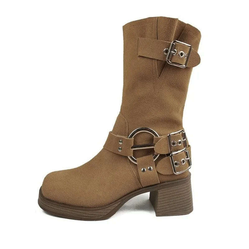 KIMLUD, Thick High Heels Women Mid Calf Boots 2023 Hot Punk Gothic Knee High Motorcycles Boots Buckle Comfy Walking Boots Autumn Winter, KIMLUD Womens Clothes
