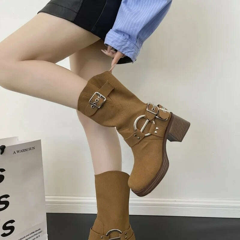 KIMLUD, Thick High Heels Women Mid Calf Boots 2023 Hot Punk Gothic Knee High Motorcycles Boots Buckle Comfy Walking Boots Autumn Winter, KIMLUD Womens Clothes