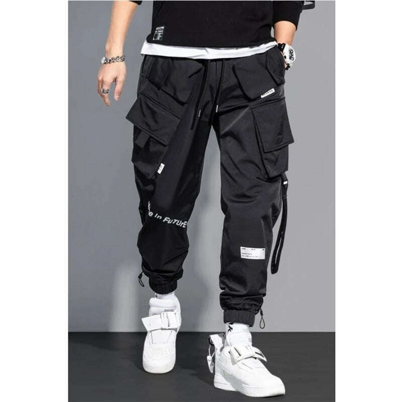 Thin Streetwear Casual Pants Men Ribbons Harem Jogging Pants Male Slim Fit Spring Cargo Pants Multi-Pockets Women Trouser K12 - KIMLUD