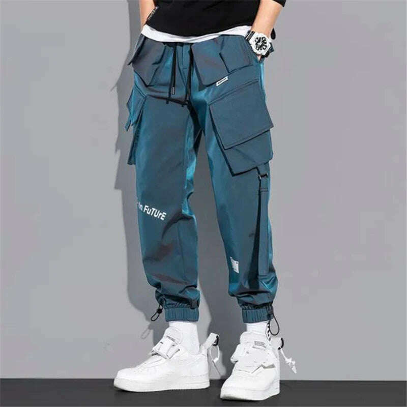 Thin Streetwear Casual Pants Men Ribbons Harem Jogging Pants Male Slim Fit Spring Cargo Pants Multi-Pockets Women Trouser K12 - KIMLUD