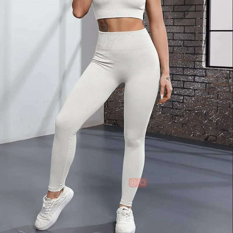 Thread Solid Leggings Women Seamless Knit Yoga Pants High Waist Hip Liftting Tights Fashion Slim Workout Running Sports Leggings - KIMLUD