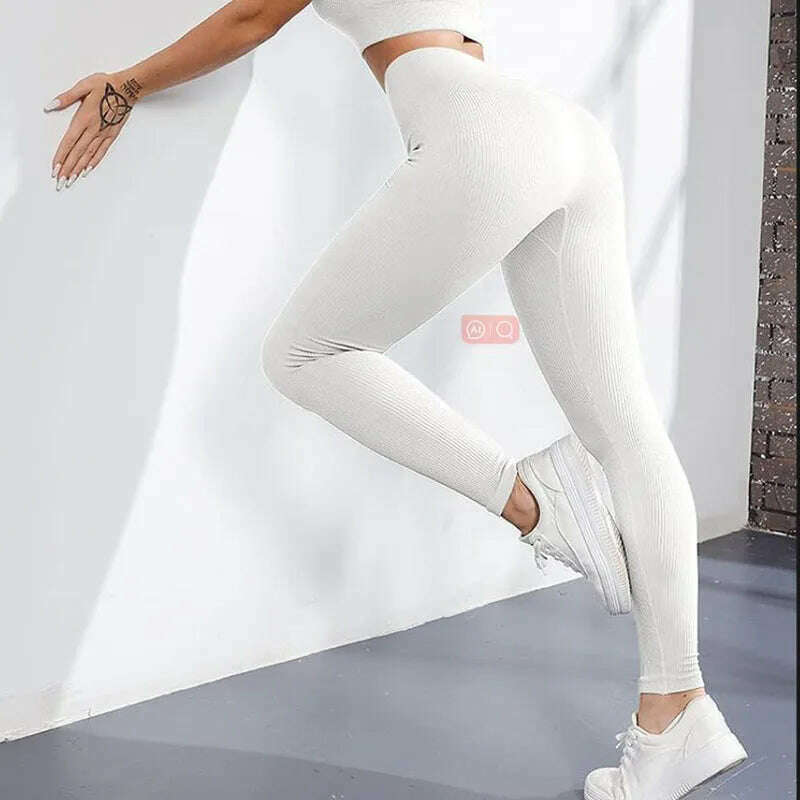 Thread Solid Leggings Women Seamless Knit Yoga Pants High Waist Hip Liftting Tights Fashion Slim Workout Running Sports Leggings - KIMLUD