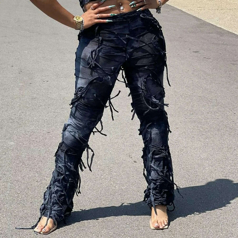 KIMLUD, Tie Dye Fringe Pant Cargo Trousers Y2K Streetwear Fashion 2023 Women Summer Clothes Pencil Casual Tassel Sweat Pants Joggers, Black / S, KIMLUD APPAREL - Womens Clothes