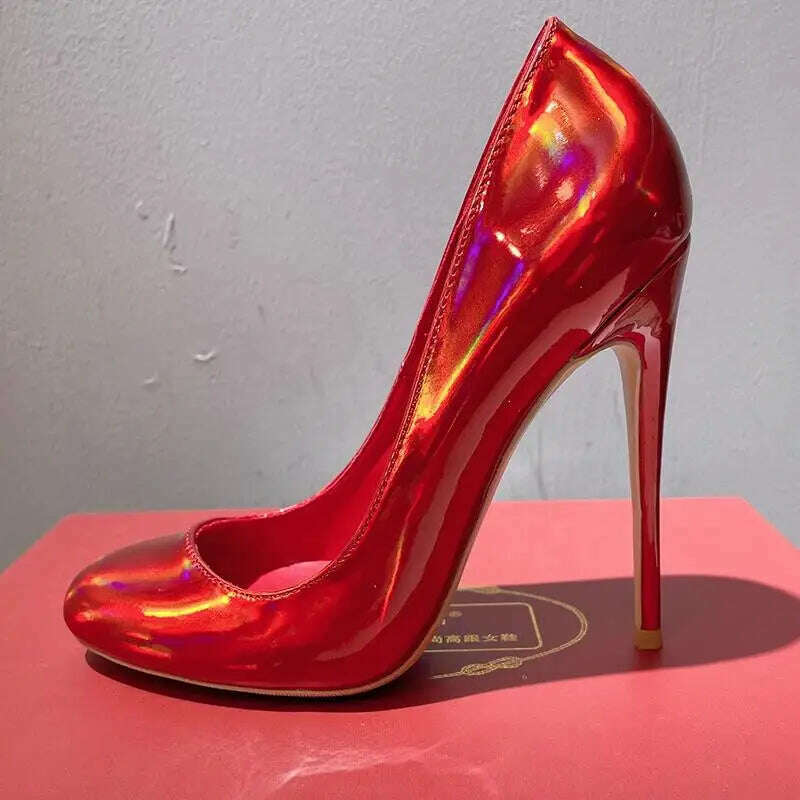 KIMLUD, Tikicup Shiny Laser All Red Women Round Toe High Heel Shoes Wedding Party Slip On Bridal Stiletto Pumps 10cm 12cm Size 33-46, KIMLUD Womens Clothes