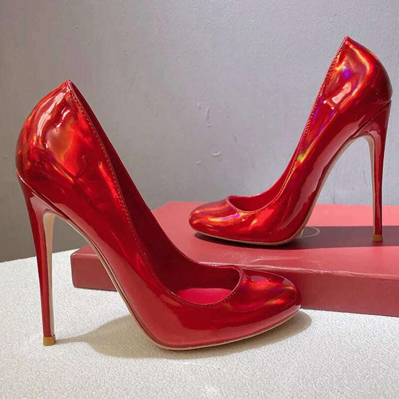 KIMLUD, Tikicup Shiny Laser All Red Women Round Toe High Heel Shoes Wedding Party Slip On Bridal Stiletto Pumps 10cm 12cm Size 33-46, KIMLUD Womens Clothes
