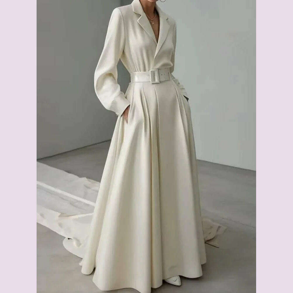 KIMLUD, Tinaa Party Evening Dresses for Women White Maxi Dress Elegant Long Sleeves Loose No Belt Notched Collar Dresses Women Clothing, KIMLUD Womens Clothes