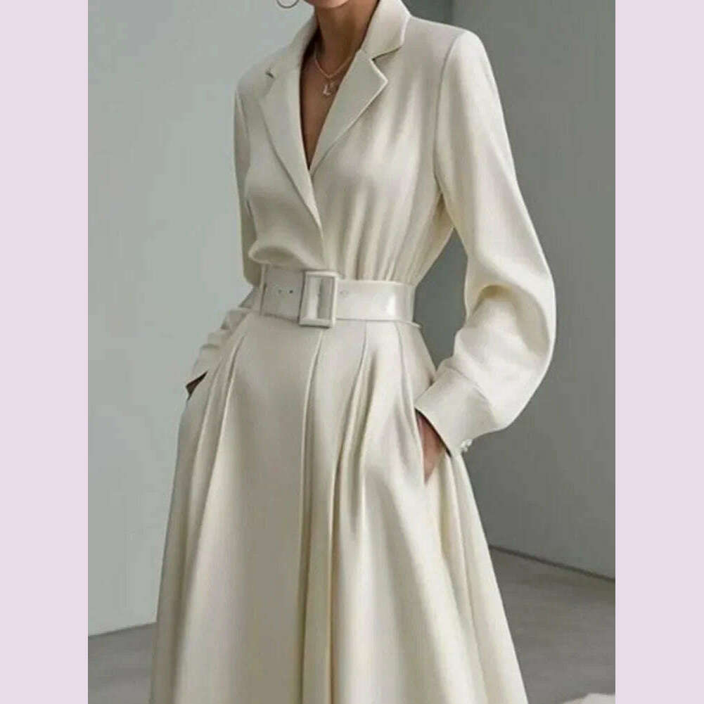 KIMLUD, Tinaa Party Evening Dresses for Women White Maxi Dress Elegant Long Sleeves Loose No Belt Notched Collar Dresses Women Clothing, KIMLUD Womens Clothes