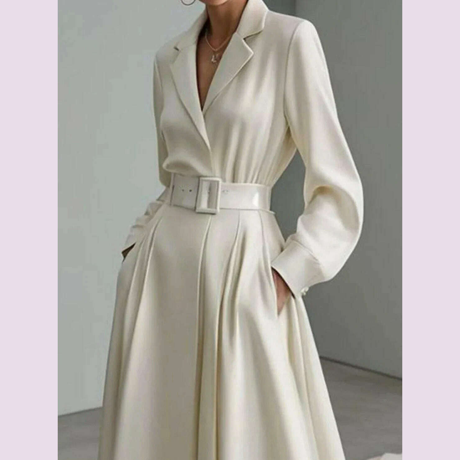 KIMLUD, Tinaa Party Evening Dresses for Women White Maxi Dress Elegant Long Sleeves Loose No Belt Notched Collar Dresses Women Clothing, KIMLUD Womens Clothes