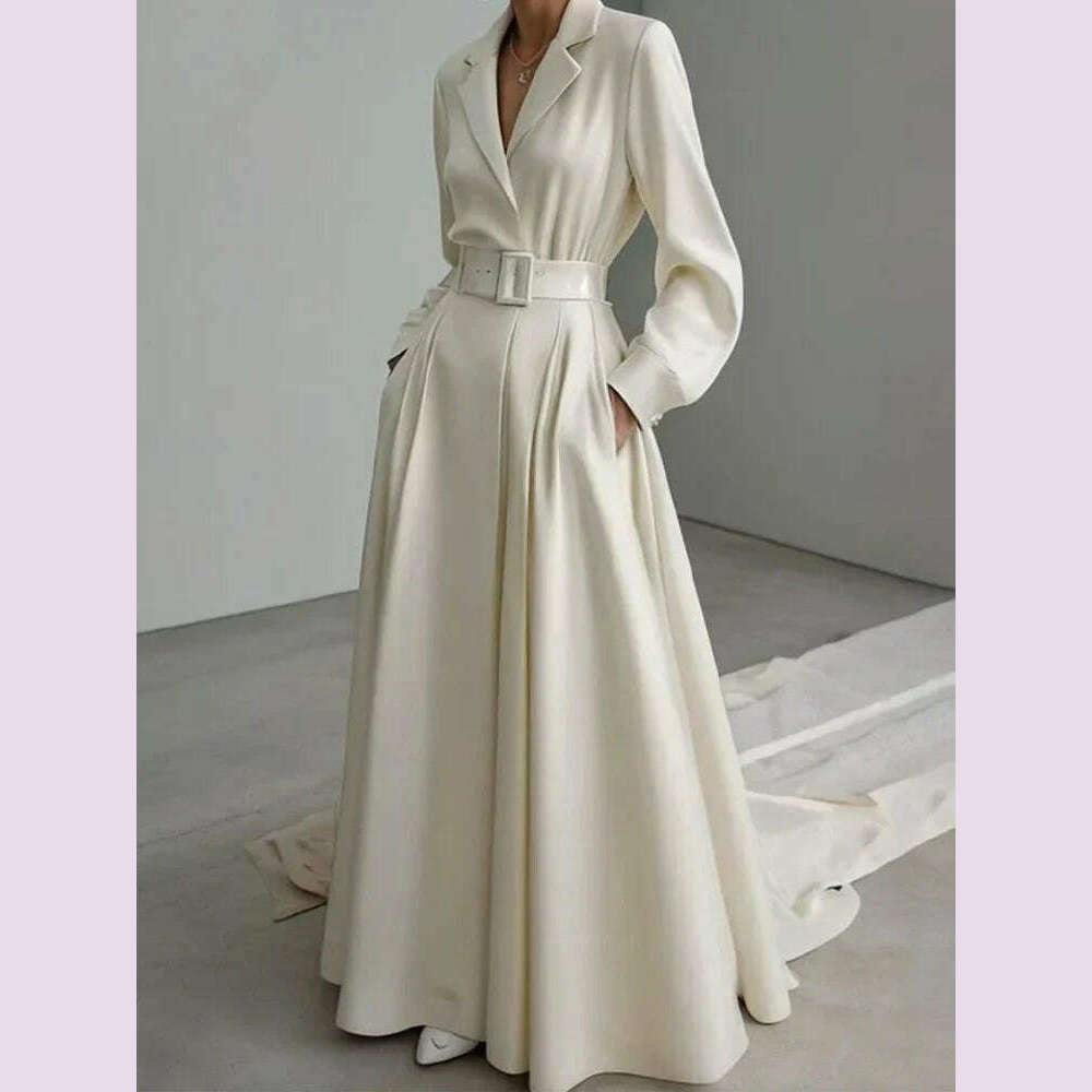 KIMLUD, Tinaa Party Evening Dresses for Women White Maxi Dress Elegant Long Sleeves Loose No Belt Notched Collar Dresses Women Clothing, CREAM / S, KIMLUD APPAREL - Womens Clothes