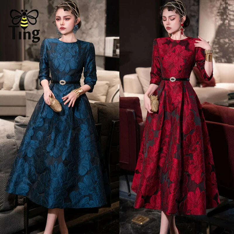 Tingfly Runway Designer High Quality Flower Jacard A Line Ball Gowns Party  Dinner Dresses with Belt Lady Elegant Dress