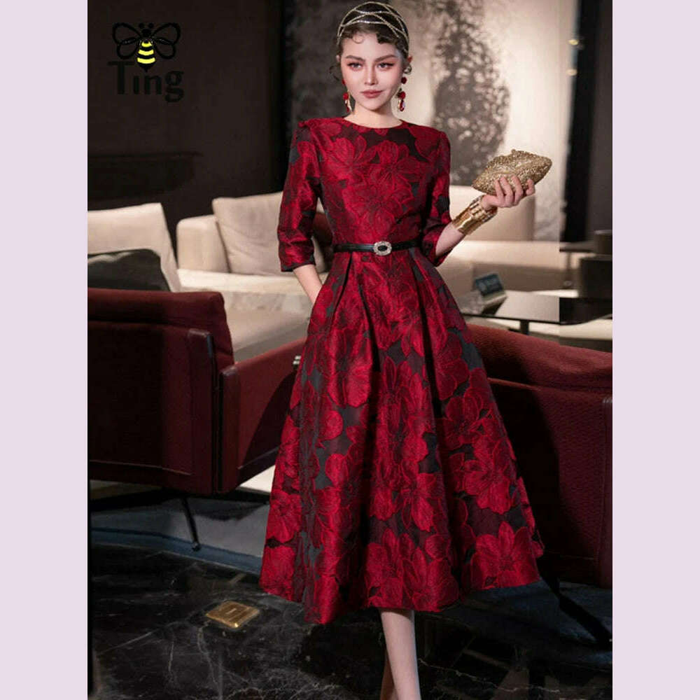 KIMLUD, Tingfly Runway Designer High Quality Flower Jacard A Line Ball Gowns Party Dinner Dresses with Belt Lady Elegant Dress, KIMLUD Womens Clothes