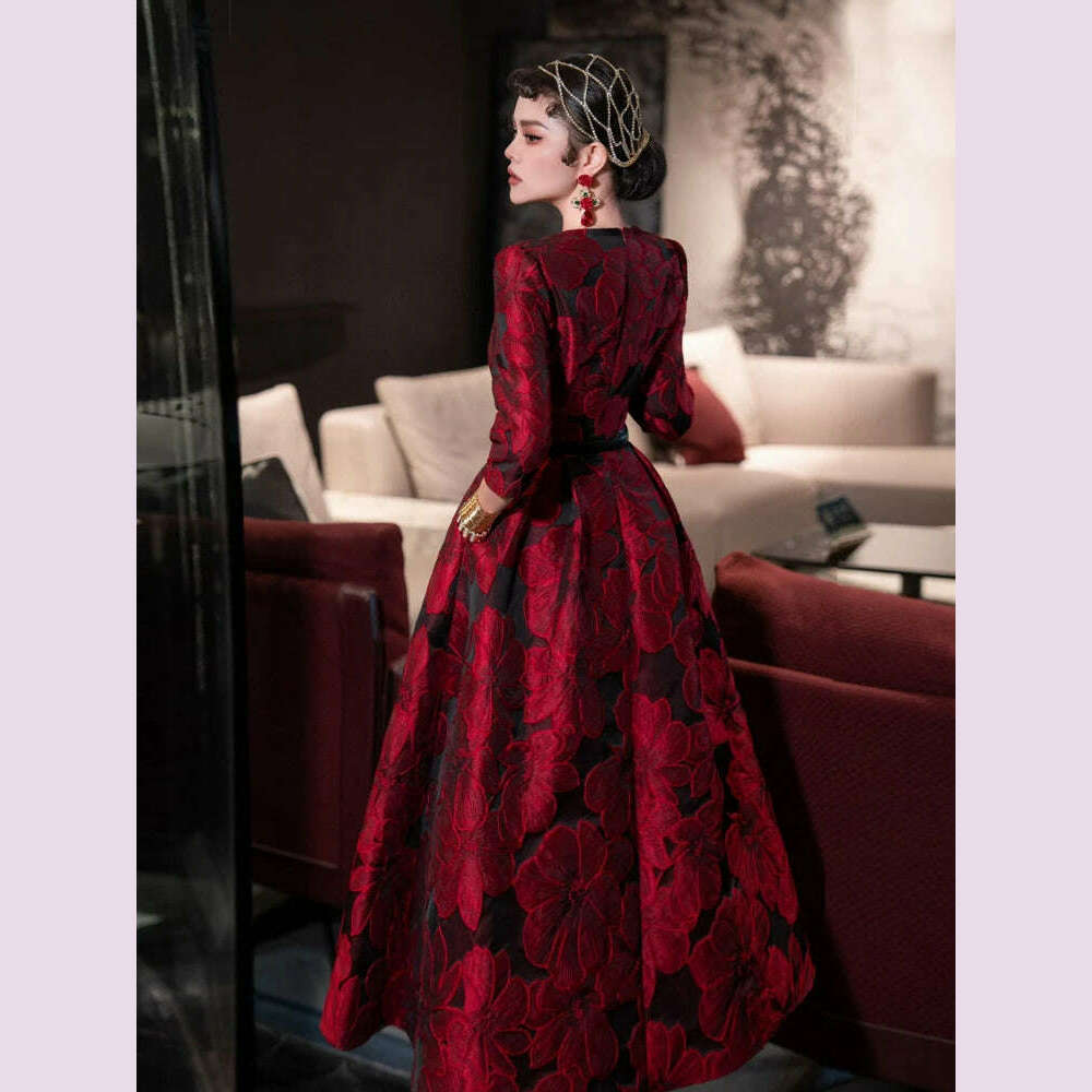 KIMLUD, Tingfly Runway Designer High Quality Flower Jacard A Line Ball Gowns Party Dinner Dresses with Belt Lady Elegant Dress, KIMLUD Womens Clothes