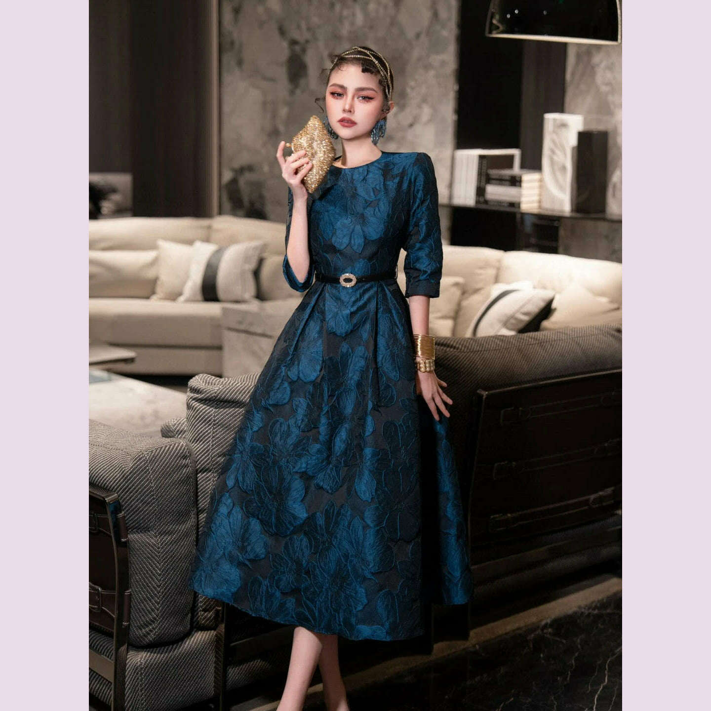 KIMLUD, Tingfly Runway Designer High Quality Flower Jacard A Line Ball Gowns Party Dinner Dresses with Belt Lady Elegant Dress, KIMLUD Womens Clothes