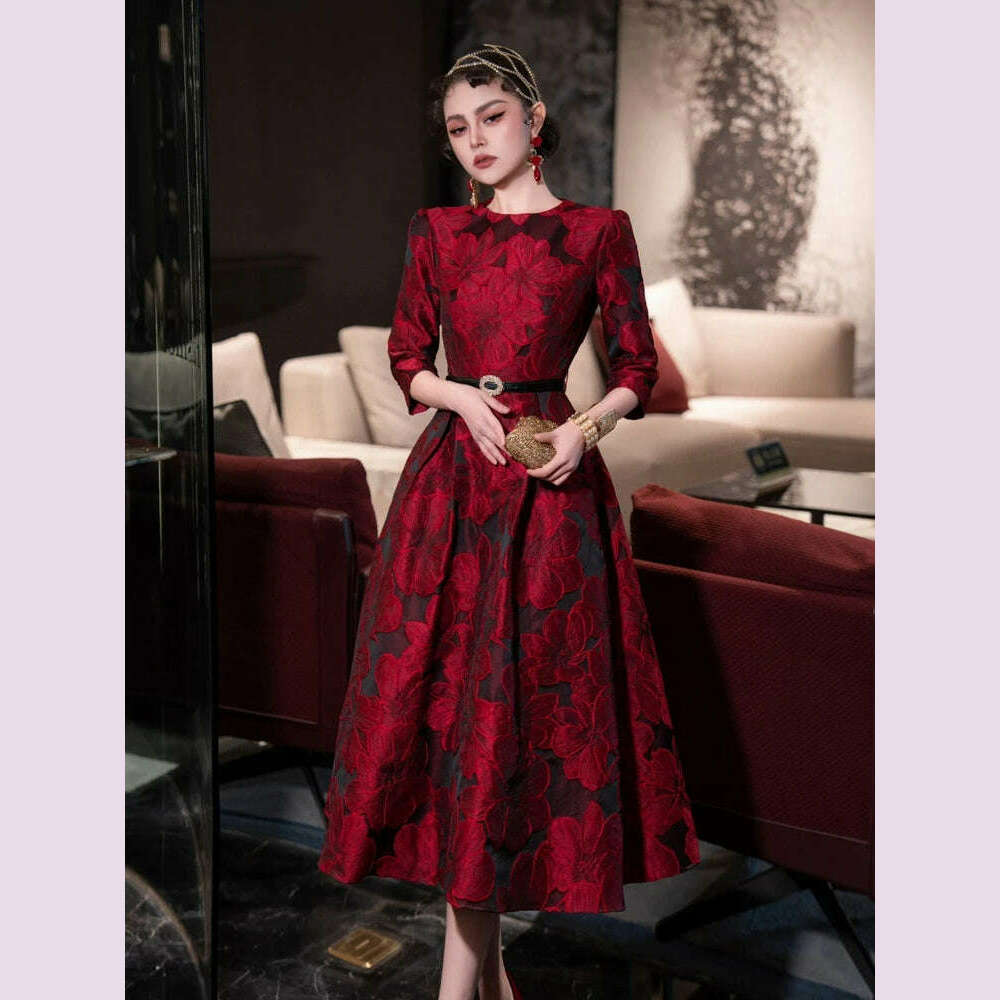 KIMLUD, Tingfly Runway Designer High Quality Flower Jacard A Line Ball Gowns Party Dinner Dresses with Belt Lady Elegant Dress, KIMLUD Womens Clothes