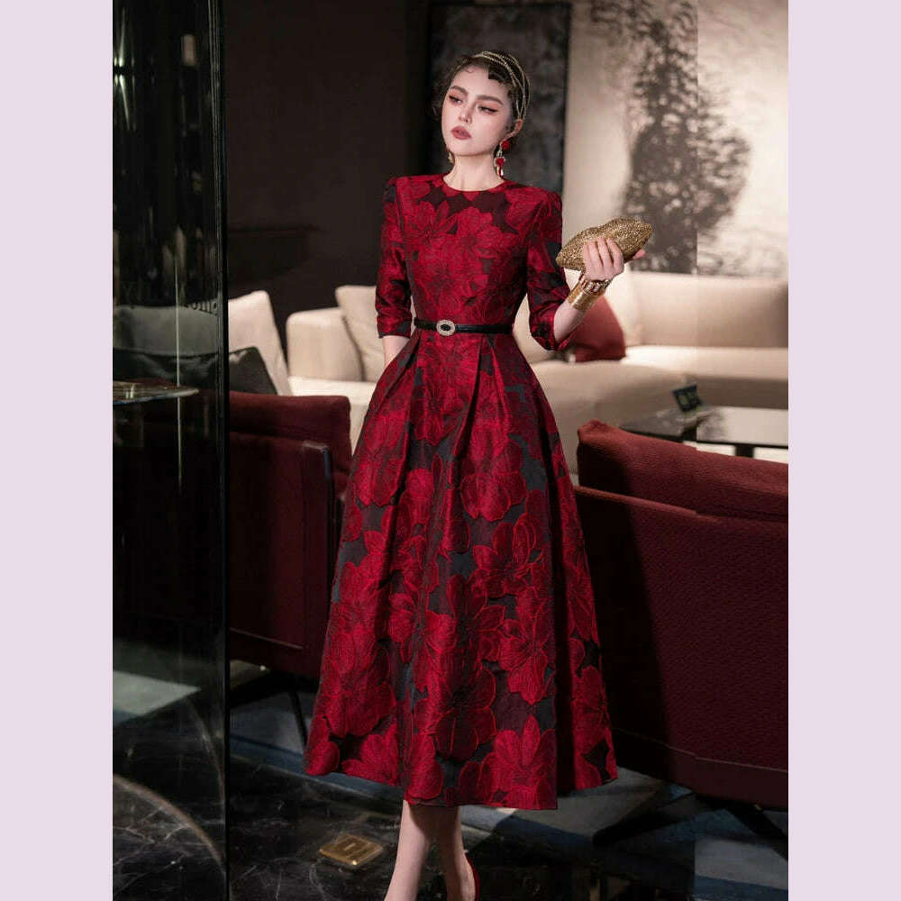 KIMLUD, Tingfly Runway Designer High Quality Flower Jacard A Line Ball Gowns Party Dinner Dresses with Belt Lady Elegant Dress, KIMLUD Womens Clothes