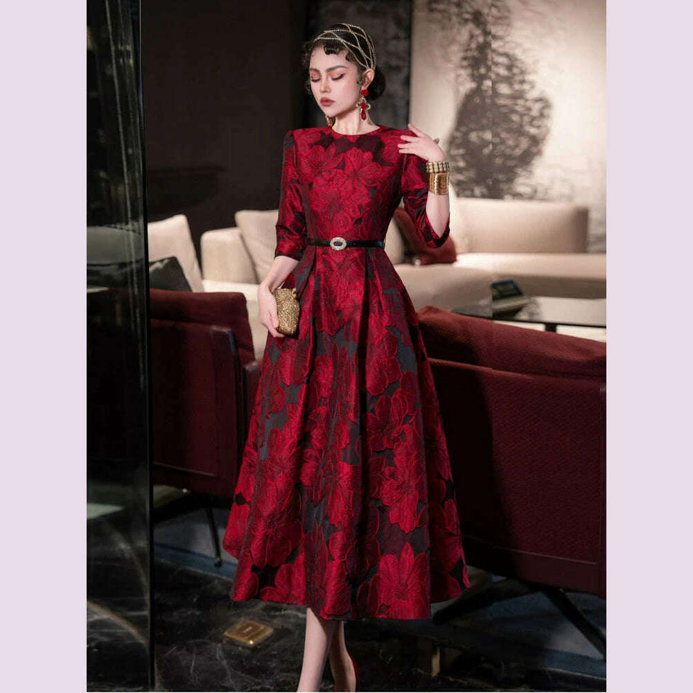 KIMLUD, Tingfly Runway Designer High Quality Flower Jacard A Line Ball Gowns Party Dinner Dresses with Belt Lady Elegant Dress, KIMLUD Womens Clothes
