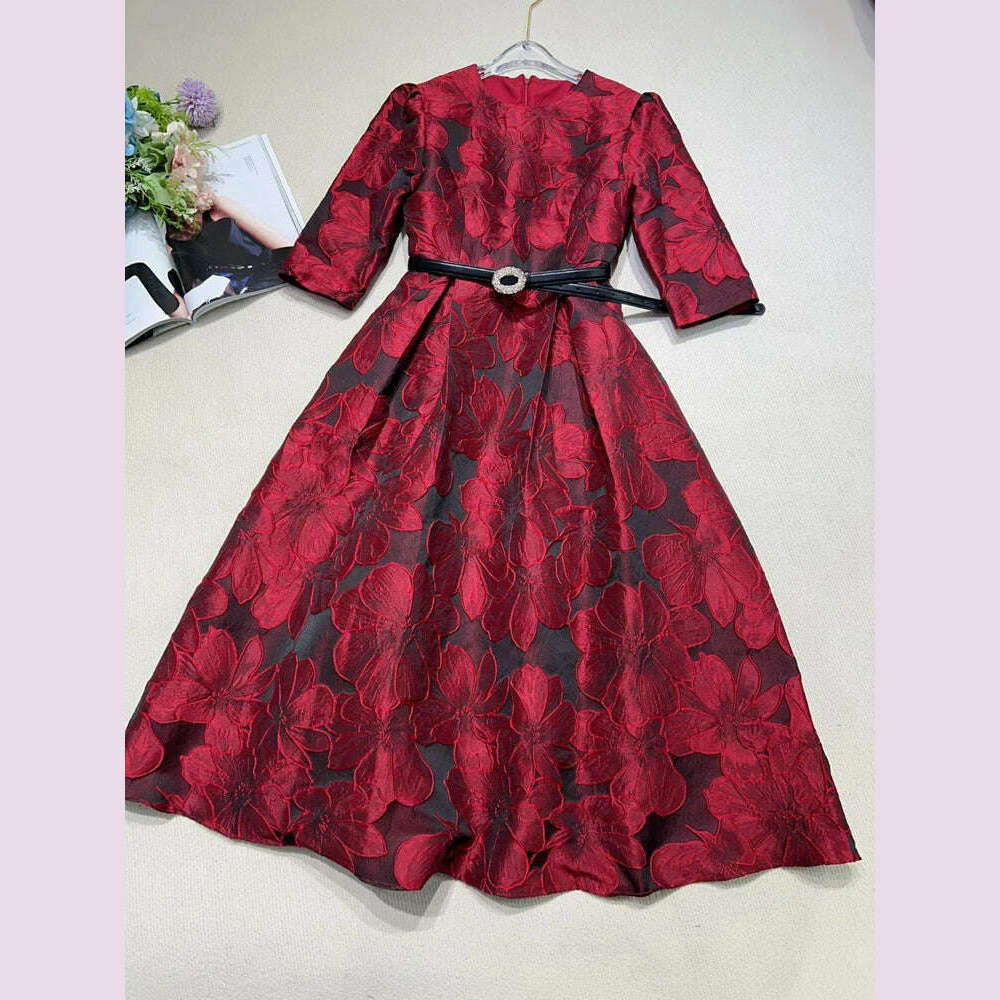 KIMLUD, Tingfly Runway Designer High Quality Flower Jacard A Line Ball Gowns Party Dinner Dresses with Belt Lady Elegant Dress, Red / XXL, KIMLUD APPAREL - Womens Clothes