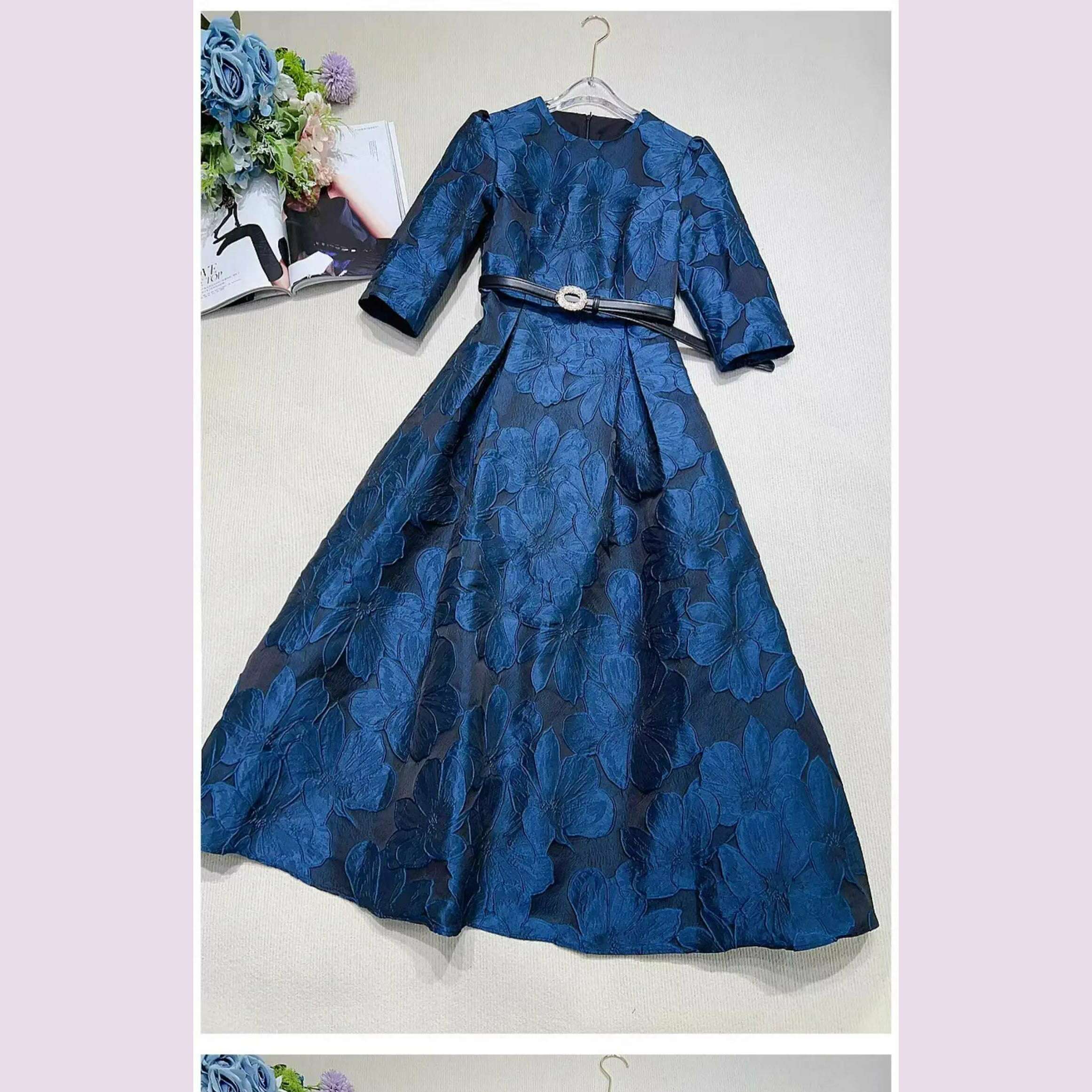 KIMLUD, Tingfly Runway Designer High Quality Flower Jacard A Line Ball Gowns Party Dinner Dresses with Belt Lady Elegant Dress, Blue / S, KIMLUD APPAREL - Womens Clothes