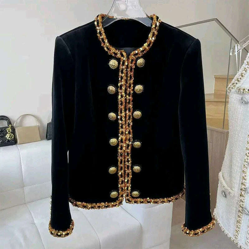 KIMLUD, Top Brand Newest Fashion 2024 Designer Jacket Women's Sequined Chain Beaded Lion Buttons Velvet Jacket, KIMLUD Womens Clothes