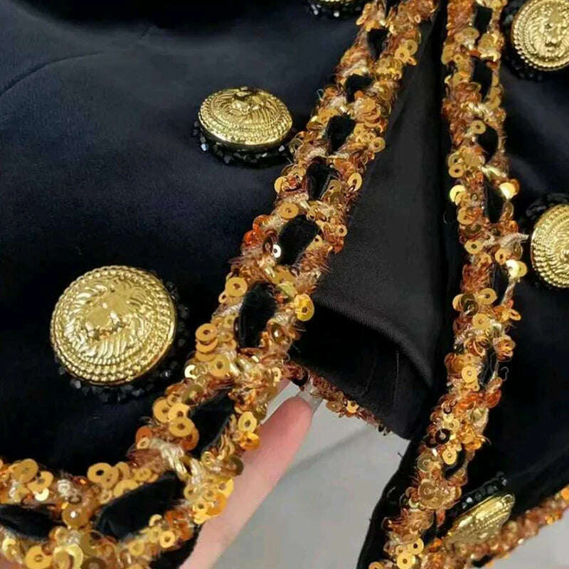 KIMLUD, Top Brand Newest Fashion 2024 Designer Jacket Women's Sequined Chain Beaded Lion Buttons Velvet Jacket, KIMLUD Womens Clothes