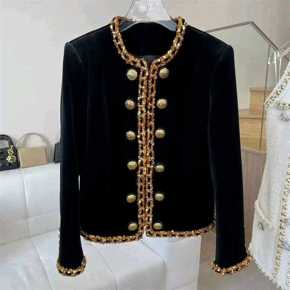 KIMLUD, Top Brand Newest Fashion 2024 Designer Jacket Women's Sequined Chain Beaded Lion Buttons Velvet Jacket, KIMLUD Womens Clothes