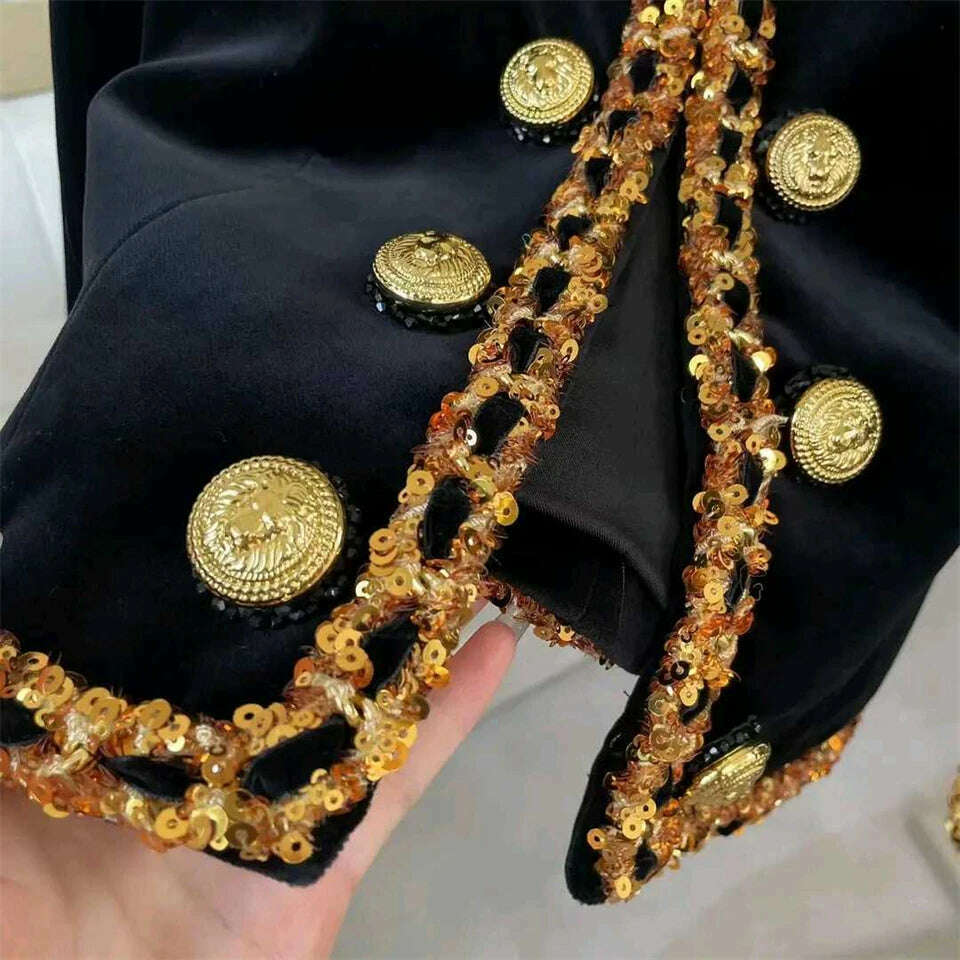 KIMLUD, Top Brand Newest Fashion 2024 Designer Jacket Women's Sequined Chain Beaded Lion Buttons Velvet Jacket, KIMLUD Womens Clothes
