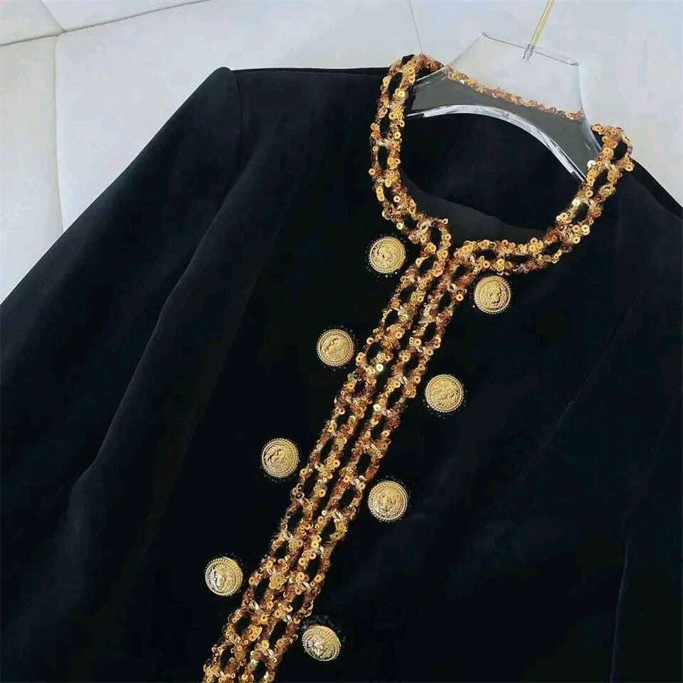KIMLUD, Top Brand Newest Fashion 2024 Designer Jacket Women's Sequined Chain Beaded Lion Buttons Velvet Jacket, KIMLUD Womens Clothes