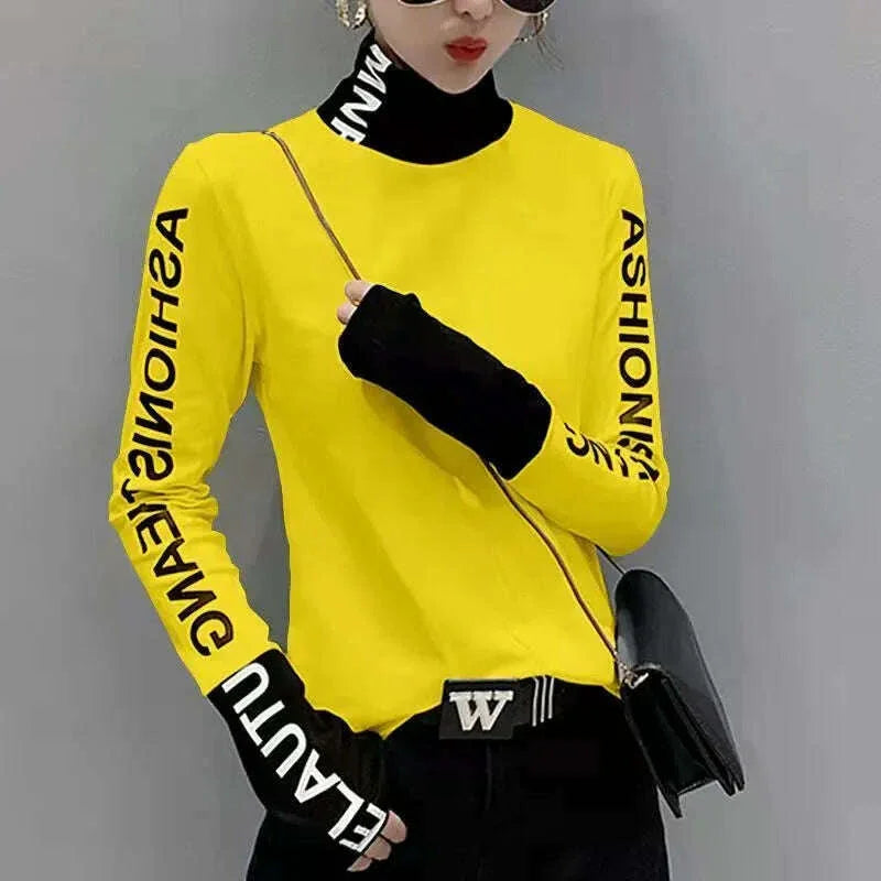KIMLUD, Top for Women Long Sleeve Turtleneck Slim T Shirts Female Yellow Skinny Emo Tees Cartoon Clothes Loose Youth Spring Xxl Pulovers, KIMLUD Womens Clothes