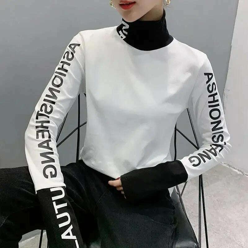 KIMLUD, Top for Women Long Sleeve Turtleneck Slim T Shirts Female Yellow Skinny Emo Tees Cartoon Clothes Loose Youth Spring Xxl Pulovers, KIMLUD Womens Clothes