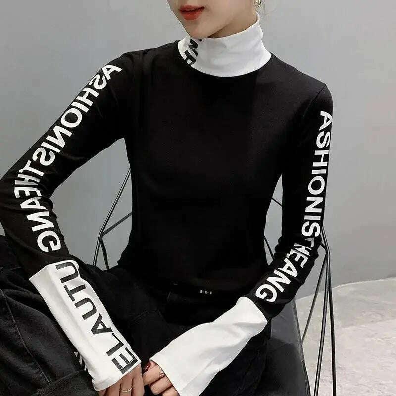 KIMLUD, Top for Women Long Sleeve Turtleneck Slim T Shirts Female Yellow Skinny Emo Tees Cartoon Clothes Loose Youth Spring Xxl Pulovers, KIMLUD Womens Clothes
