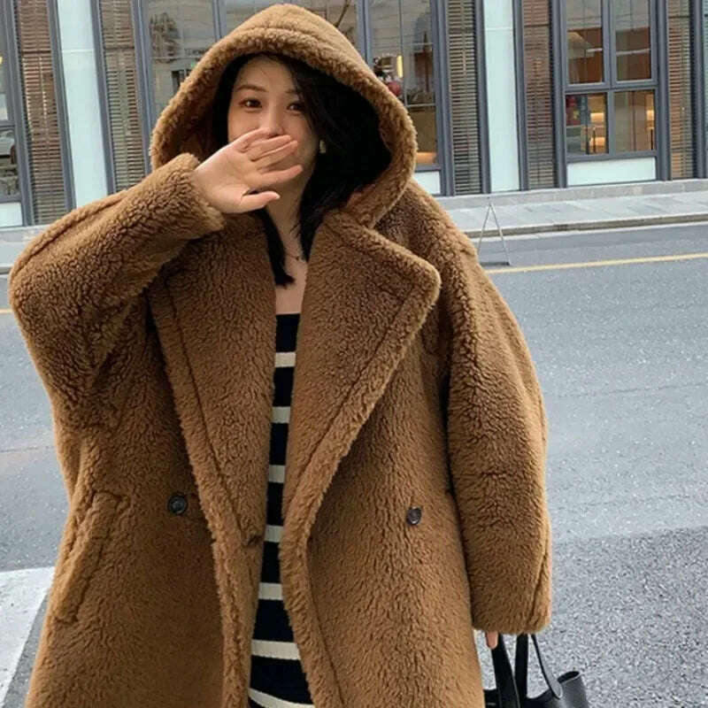 KIMLUD, Top Quality Max Coat, Teddy Hooded Women's Coats and Jackets, Winter Fur Long Hooded Teddy Coat,Wool Coat Women,Winter Coat, KIMLUD Womens Clothes