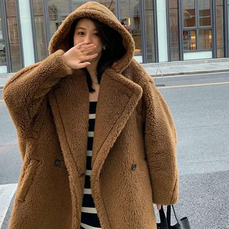 KIMLUD, Top Quality Max Coat, Teddy Hooded Women's Coats and Jackets, Winter Fur Long Hooded Teddy Coat,Wool Coat Women,Winter Coat, KIMLUD Womens Clothes