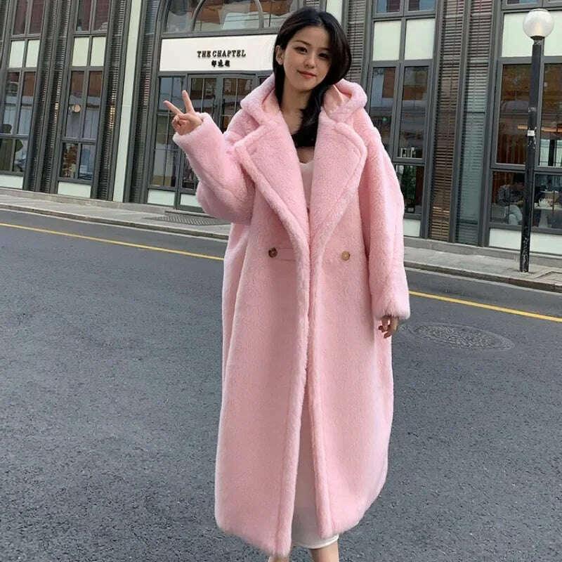 KIMLUD, Top Quality Max Coat, Teddy Hooded Women's Coats and Jackets, Winter Fur Long Hooded Teddy Coat,Wool Coat Women,Winter Coat, KIMLUD Womens Clothes