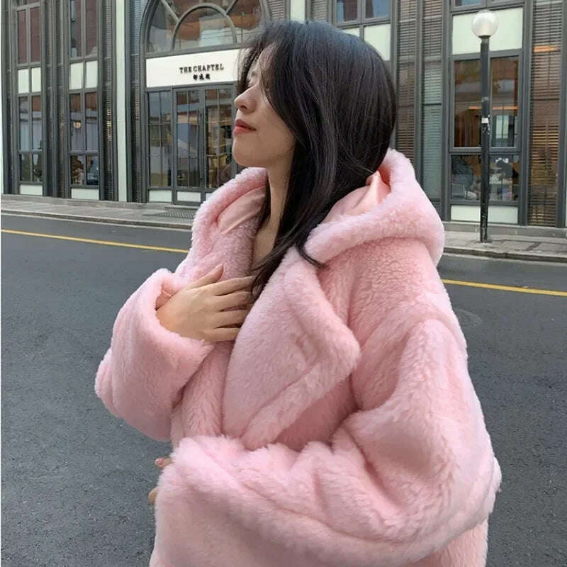 KIMLUD, Top Quality Max Coat, Teddy Hooded Women's Coats and Jackets, Winter Fur Long Hooded Teddy Coat,Wool Coat Women,Winter Coat, KIMLUD Womens Clothes