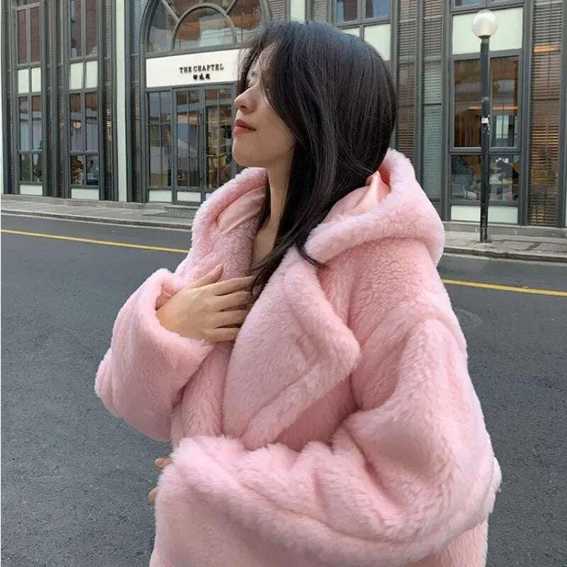 KIMLUD, Top Quality Max Coat, Teddy Hooded Women's Coats and Jackets, Winter Fur Long Hooded Teddy Coat,Wool Coat Women,Winter Coat, KIMLUD Womens Clothes