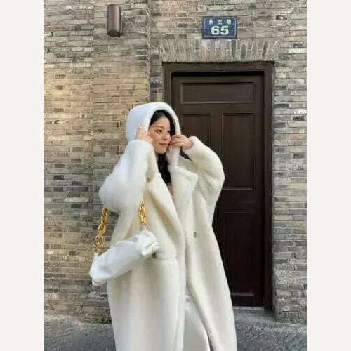 KIMLUD, Top Quality Max Coat, Teddy Hooded Women's Coats and Jackets, Winter Fur Long Hooded Teddy Coat,Wool Coat Women,Winter Coat, White / XS, KIMLUD APPAREL - Womens Clothes