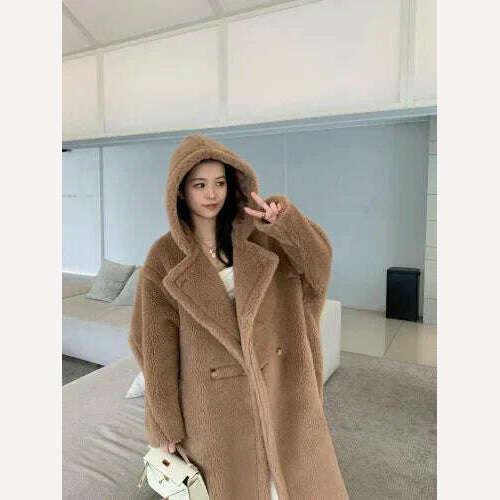 KIMLUD, Top Quality Max Coat, Teddy Hooded Women's Coats and Jackets, Winter Fur Long Hooded Teddy Coat,Wool Coat Women,Winter Coat, KIMLUD Womens Clothes